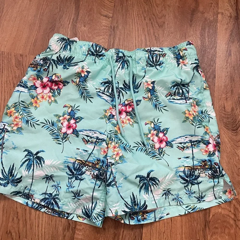 George Mens aqua Hawaiian floral swim trunks‎